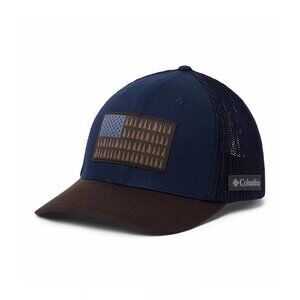 Columbia PFG Tree Flag Mesh Flexfit Cap Navy Brown Trucker Hat Outdoor Fish Hunt